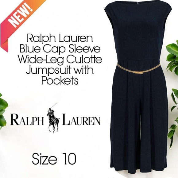 Ralph Lauren Women's Blue Cap Sleeve Wide-Leg Culotte Dress Jumpsuit w/ Pockets - Picture 16 of 16